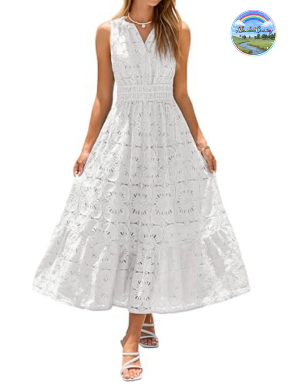 Sleeveless Eyelet Lace Maxi Dress V Neck A Line Flowy Boho Beach Wedding Guest